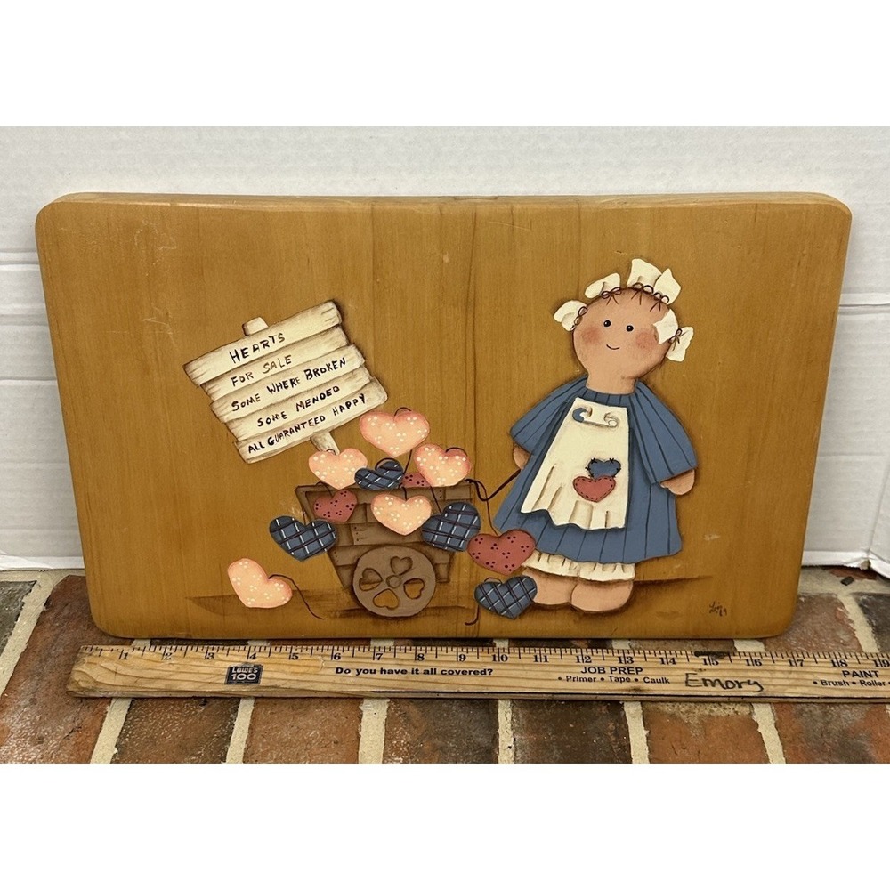 Vintage 80s Wooden Plaque Hand Painted Folk Art Country Girl Hearts Farmhouse